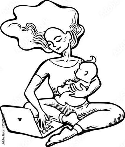 Woman with baby on arms working remote at laptop. Freelancer mom with child works from home office. Hand drawn retro vintage vector illustration. Comic cartoon old style drawing.