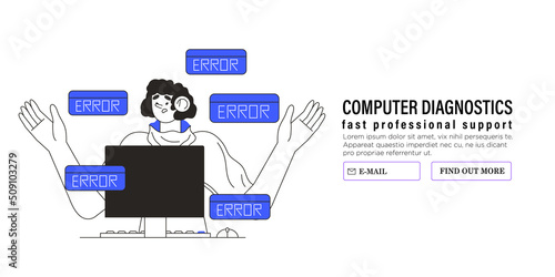 Computer error concept for web or ui design and ads. Character has problem with malware or bug in software or program. Data recovery, computer, laptop diagnostics and software update service banner.