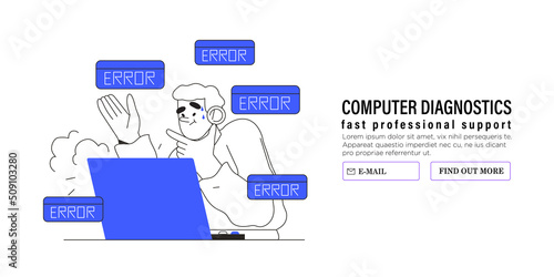 Computer error concept for web or ui design and ads. Character has problem with malware or bug in software or program. Data recovery, computer, laptop diagnostics and software update service banner.
