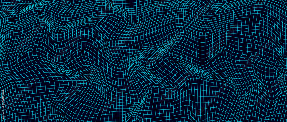 Abstract wavy 3d mesh on a blue background. Geometric dynamic wave. 3D technology wireframe. Vector illustration. - obrazy, fototapety, plakaty 