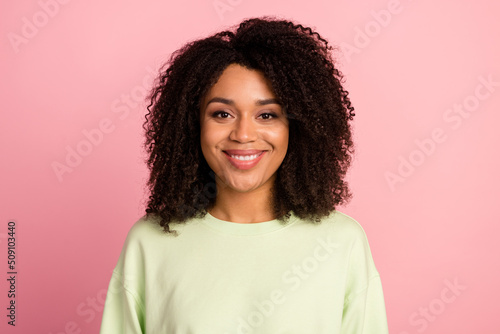 Photo of young pretty woman clever agent manager expert representative isolated over pink color background