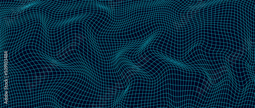 Abstract wavy 3d mesh on a blue background. Geometric dynamic wave. 3D technology wireframe. Vector illustration. photo