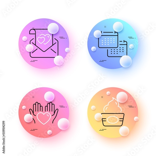 Calendar, Ice cream and Love letter minimal line icons. 3d spheres or balls buttons. Hold heart icons. For web, application, printing. Schedule planner, Sundae cup, Valentine mail. Care love. Vector