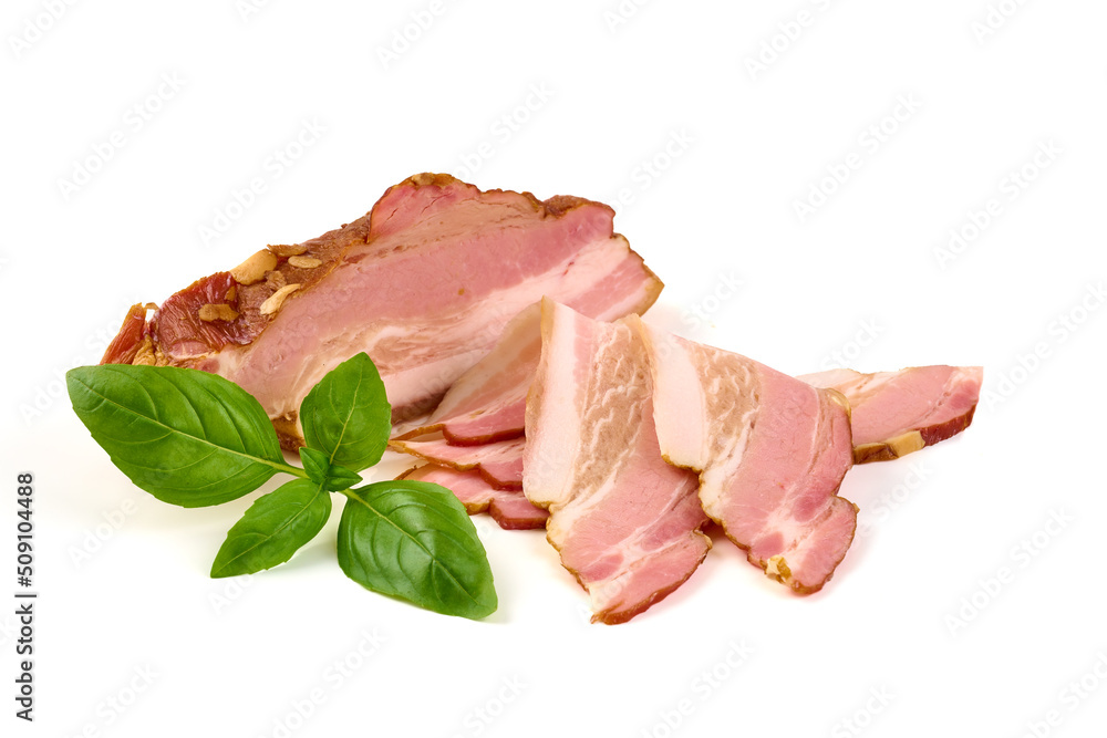 Smoked bacon with basil, isolated on white background Smoked bacon with basil, isolated on white background