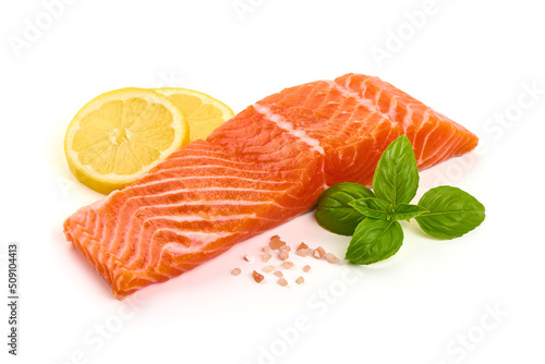 Fillet of salted marinated trout, red fish, with green basil and lemon wedges, spices salt and pepper, isolated on white background