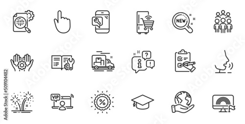Outline set of Employee hand, Discount and Group people line icons for web application. Talk, information, delivery truck outline icon. Include Checklist, Fireworks, Refrigerator icons. Vector