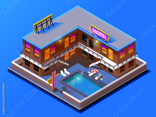 Isometric building. motel with swimming pool.