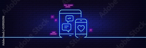 Neon light glow effect. Social media messages line icon. Mobile devices sign. Smartphone Love message symbol. 3d line neon glow icon. Brick wall banner. Social media outline. Vector