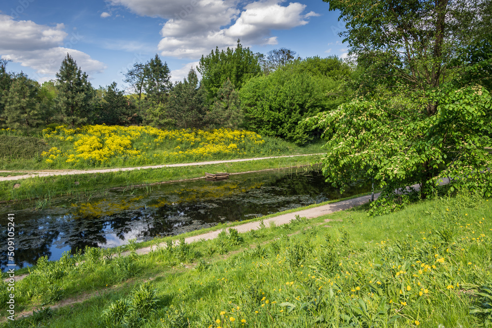 Springtime Park Landscape With Canal In Fort Bema, Poland