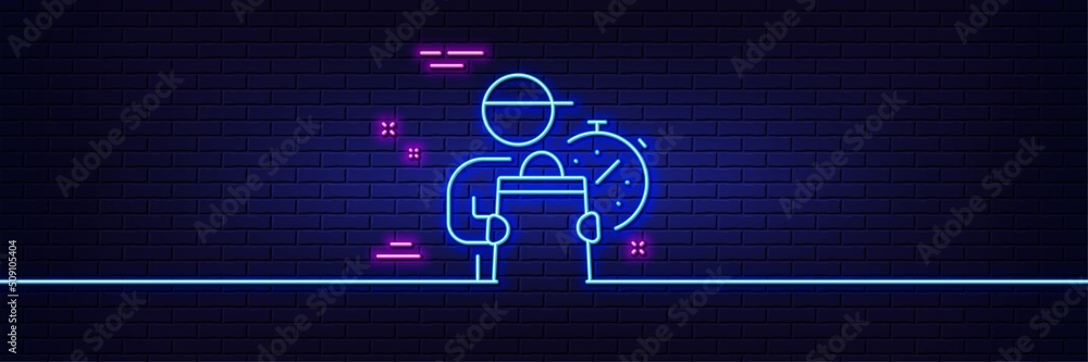 Neon light glow effect. Delivery man line icon. Express courier sign. Order delivery symbol. 3d line neon glow icon. Brick wall banner. Delivery man outline. Vector Neon light glow effect. Delivery man line icon. Express courier sign. Order delivery symbol. 3d line neon glow icon. Brick wall banner. Delivery man outline. Vector