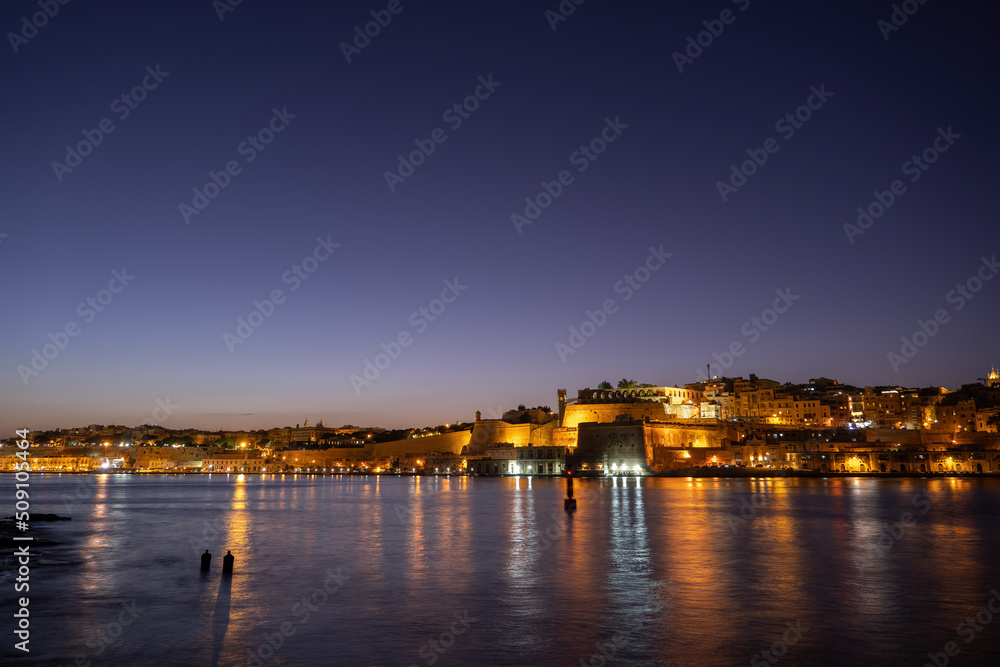 Valletta And Floriana Night Skyline In Malta