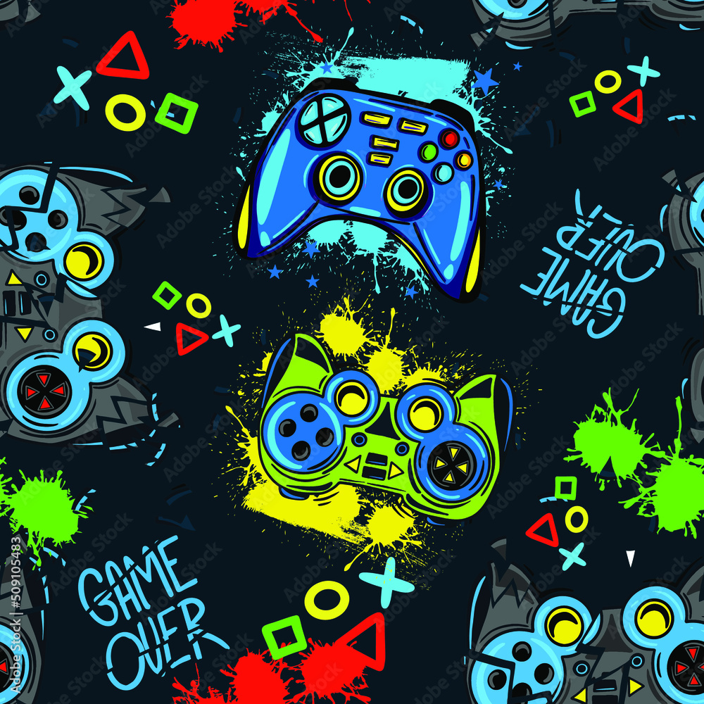Seamless bright pattern with  joysticks. gaming cool print for boys and girls. Suitable for textiles, sportswear, web
