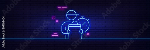 Neon light glow effect. Delivery man line icon. Express courier sign. Order delivery symbol. 3d line neon glow icon. Brick wall banner. Delivery man outline. Vector