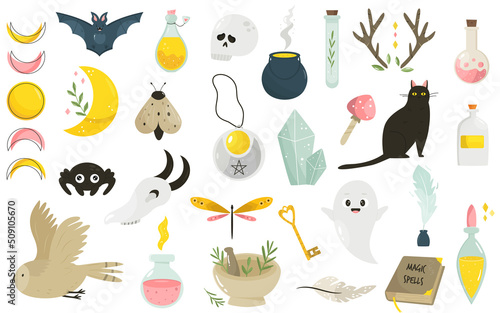 Big set of magical icons and items. Vector image