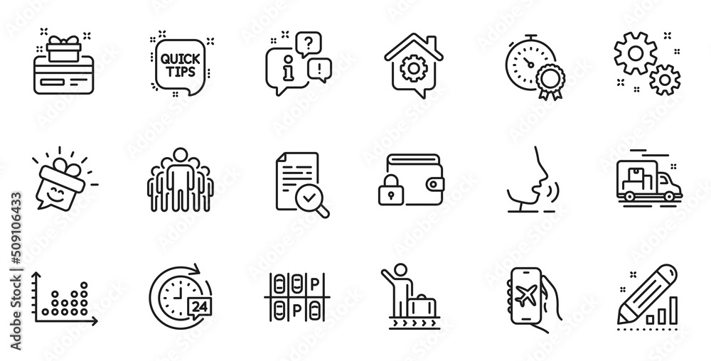 Outline set of Inspect, Quick tips and Smile line icons for web application. Talk, information, delivery truck outline icon. Include Parking place, Luggage belt, 24h delivery icons. Vector Outline set of Inspect, Quick tips and Smile line icons for web application. Talk, information, delivery truck outline icon. Include Parking place, Luggage belt, 24h delivery icons. Vector