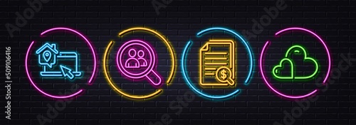 Search employees, Work home and Financial documents minimal line icons. Neon laser 3d lights. Care icons. For web, application, printing. Staff analysis, Outsource work, Check docs. Share love. Vector