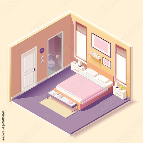 Modern bedroom interior with furniture  in isometric style