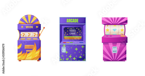 Retro arcade slot game machines. Casino and entertainment center bright gaming machines for public places