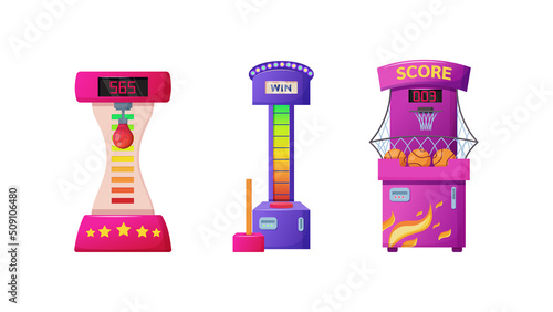 Retro arcade slot game machines. Casino and entertainment center bright gaming machines for public places