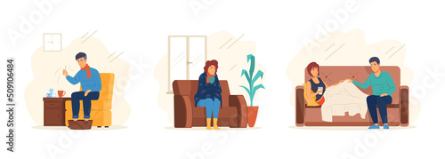 Ill and recovered people at office home sofa set. Elderly and young man woman suffer influenza symptoms