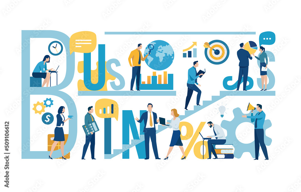 Business team at work. Group of business persons and text BUSINESS. Business vector illustration.