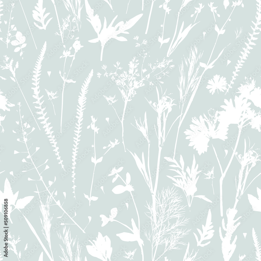 White silhouettes of plants on a mint background