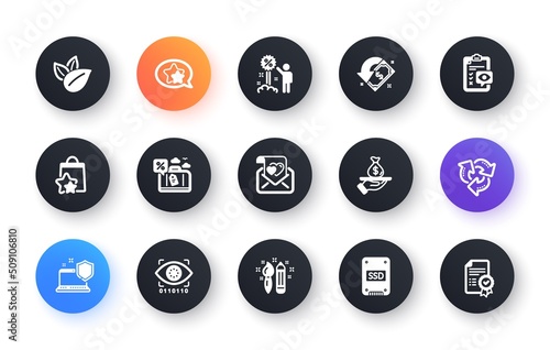 Minimal set of Loan, Creativity and Eye checklist flat icons for web development. Ssd, Computer security, Love letter icons. Discount, Travel loan, Cashback web elements. Vector