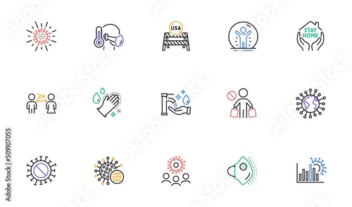 Coronavirus line icons set. Covid-19 virus pandemic. Medical protective mask, washing hands hygiene, usa shut borders. Stay home, safe distance, coronavirus epidemic mask icons. Vector