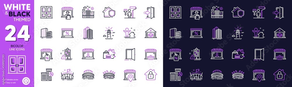 Door, Lighthouse and Online market line icons for website, printing. Collection of Open door, Market, Court building icons. Arena, Home insurance, Sports stadium web elements. Vector Door, Lighthouse and Online market line icons for website, printing. Collection of Open door, Market, Court building icons. Arena, Home insurance, Sports stadium web elements. Vector