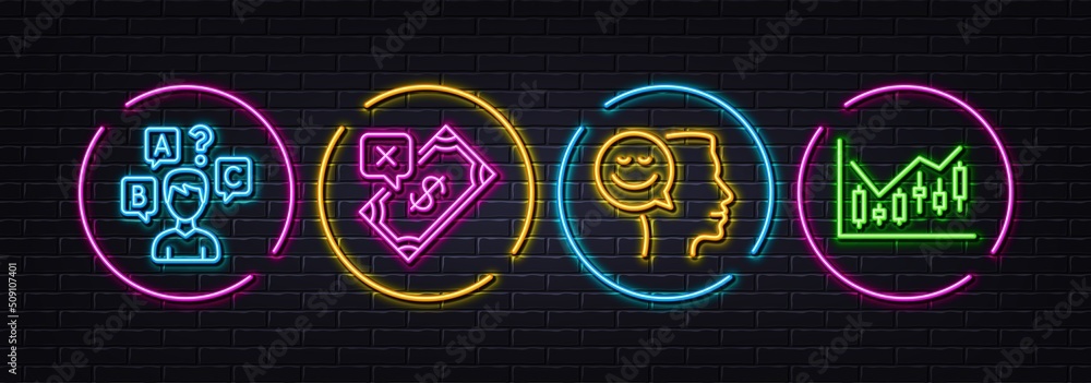 Rejected payment, Quiz test and Good mood minimal line icons. Neon laser 3d lights. Financial diagram icons. For web, application, printing. Bank transfer, Interview, Positive thinking. Vector