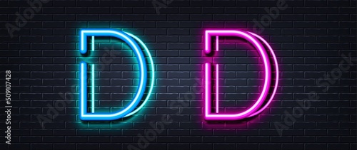 Initial letter D icon. Neon light line effect. Line typography character sign. Large first font letter. Glowing neon light element. Letter D glow 3d line. Brick wall banner. Vector