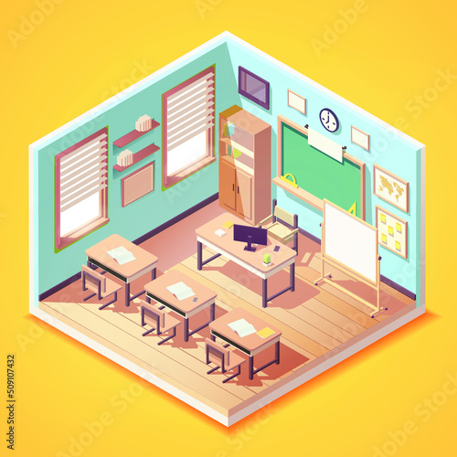 isometric lovely empty classroom interior, school or college class © NoteKub