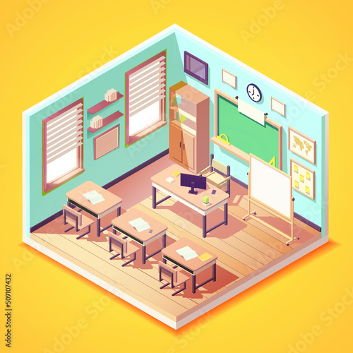 isometric lovely empty classroom interior, school or college class
