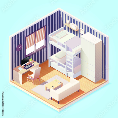 Modern bedroom interior with furniture in isometric style