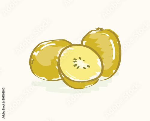 Cute simple whole and sliced yellow kiwis in cartoonish vector illustration art design