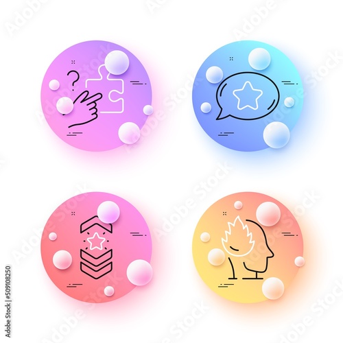 Favorite chat, Search puzzle and Stress minimal line icons. 3d spheres or balls buttons. Shoulder strap icons. For web, application, printing. Best bubble, Jigsaw game, Mind anxiety. Star rank. Vector