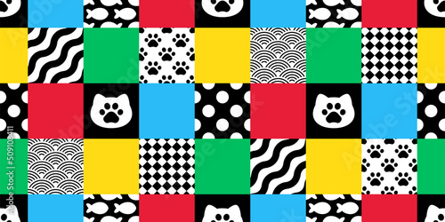 cat seamless pattern kitten calico vector checked tartan plaid polka dot neko breed character cartoon pet repeat wallpaper tile background animal doodle illustration scarf isolated design