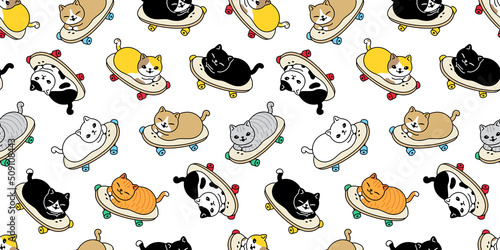 cat seamless pattern skateboard kitten vector calico skating surf skate extreme sport breed neko cartoon character pet repeat wallpaper tile background scarf isolated illustration doodle design