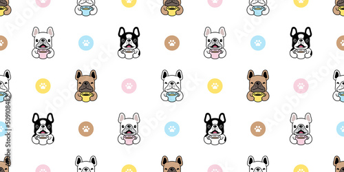 dog seamless pattern french bulldog coffee cup tea paw footprint polka dot vector pet puppy breed cartoon repeat wallpaper doodle tile background illustration design isolated