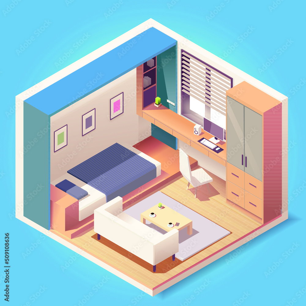 Modern bedroom interior with furniture  in isometric style