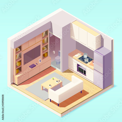 Modern kitchen room and living room interior with furniture and household appliances in isometric style