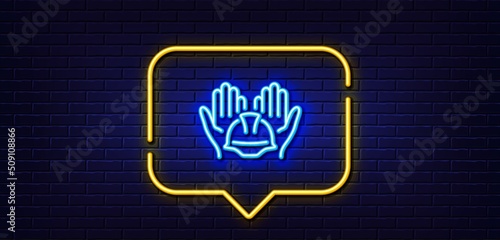 Neon light speech bubble. Builders union line icon. Care ocnstruction workers sign. Engineer or architect helmet symbol. Neon light background. Builders union glow line. Brick wall banner. Vector