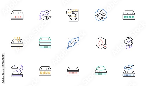 Mattress line icons set. Breathable, Memory foam, latex. Washable pillow, bed tick icons. Light weight, natural material, pocket sprung mattress. Bed mite, antiallergic latex. Vector
