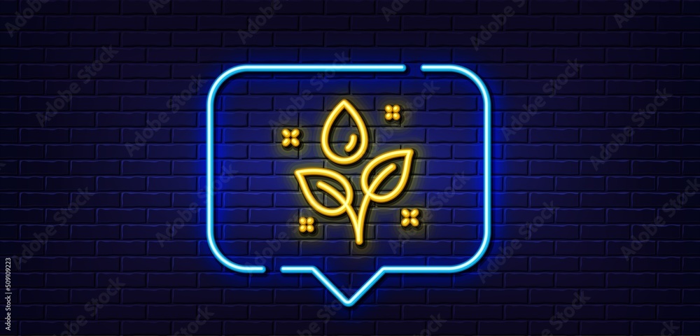 Neon light speech bubble. Plants watering line icon. Leaves dew sign. Environmental care symbol. Neon light background. Plants watering glow line. Brick wall banner. Vector Neon light speech bubble. Plants watering line icon. Leaves dew sign. Environmental care symbol. Neon light background. Plants watering glow line. Brick wall banner. Vector