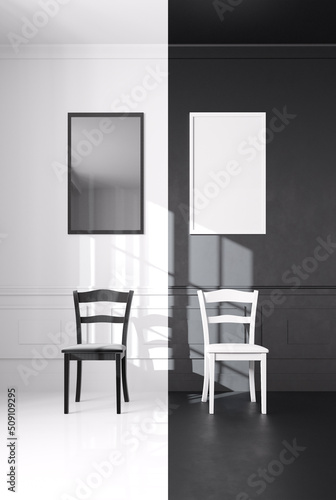 Fototapeta Naklejka Na Ścianę i Meble -  Monochrome desing. Simplicity in details black and white, symmetry, two chairs and two picture frames as a symbol of balance.. Bright stylish room mock up 3d render
