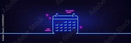 Neon light glow effect. Calendar line icon. Accounting sign. Calculate finance symbol. Business audit. 3d line neon glow icon. Brick wall banner. Calendar outline. Vector