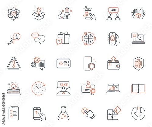 Technology icons set. Included icon as Graph laptop, Puzzle and Cogwheel web elements. Safe box, Swipe up, Touchscreen gesture icons. Fingerprint, Time change, Spanner web signs. Vector