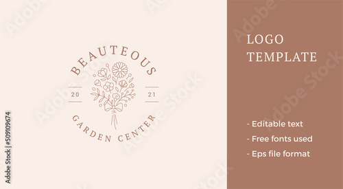 Organic elegant decorative wildflower bouquet with bow ribbon circle minimalist logo vector