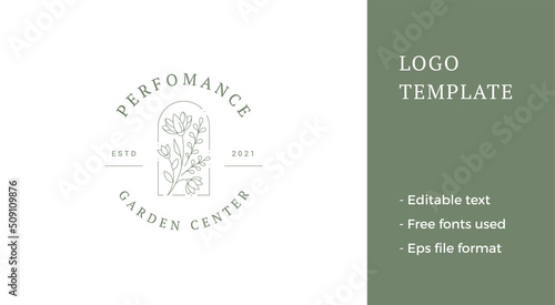 Natural organic meadow flower bouquet in arch antique frame minimalist logo design vector