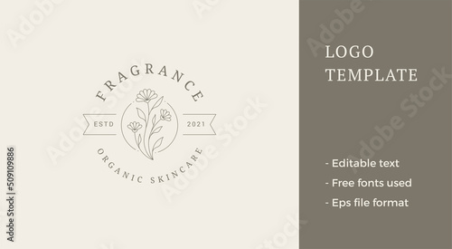 Minimalist chamomile meadow organic bouquet circle logo with place for text vector illustration